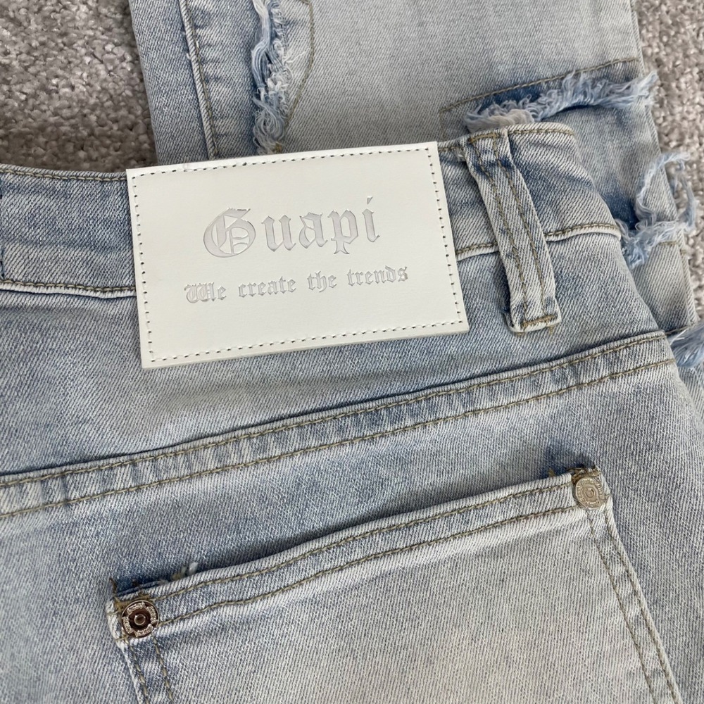 Guapi Jeans Mens 34 Distressed Patchwork Flare Light Wash Denim Frayed Street - Picture 8 of 14
